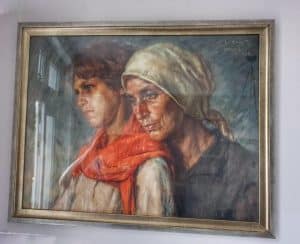 Two women, oil pastel on canvas framed by world under glass